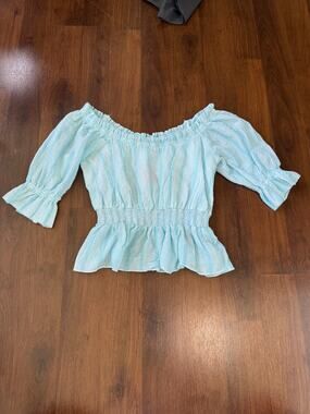 Intermix Off-Shoulder Smocked Peplum Blouse Blue Stripe Sz S Cotton Coastal Boho